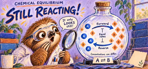 Oil-pastel comic of a curious sloth scientist examining an A-to-B equilibrium model: forward and reverse reactions continue at equal rates while concentrations can differ.