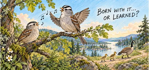 Hand-drawn young sparrow listens to an adult singing while goslings follow a parent, introducing inherited tendencies and learned behavior.