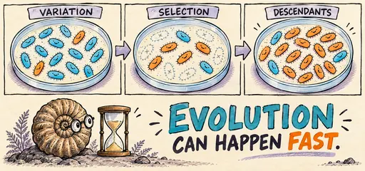 Hand-drawn bacterial populations show existing variation, selection and orange descendants becoming common, watched by a comic ammonite fossil beside an hourglass.