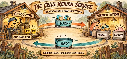 Hand-drawn fermentation comic: NADH delivers electrons to pyruvate, making lactate, while regenerated NAD+ returns to glycolysis, where ATP is made.