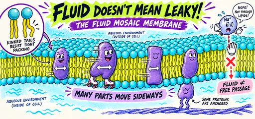 Hand-drawn roller-rink membrane comic showing lateral protein movement, an anchored protein, kinked lipid tails and a sodium ion blocked from passing through the lipid core.