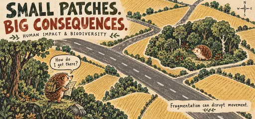 Hand-drawn hedgehogs stand in woodland patches separated by roads and fields, showing how habitat fragmentation can disrupt wildlife movement and connections.