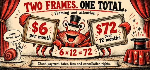 Red and black scratchboard comic of a crab magician framing six dollars per month as seventy-two dollars over twelve months, while a snail asks whether payment dates, fees and cancellation terms are the same.
