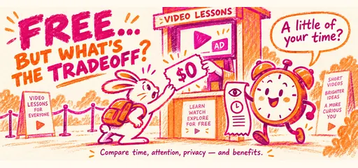 Magenta and orange hand-drawn rabbit accepts a zero-dollar video lesson ticket while a cheerful clock highlights time and attention; compare privacy and benefits alongside the money price.