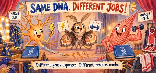 Watercolor comic of a nerve cell and muscle cell backstage with identical DNA manuals and different work cues, illustrating how different gene expression supports specialized cell functions.