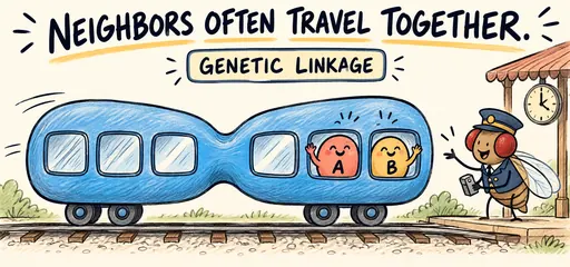 Neighboring gene markers A and B ride in a single chromosome-shaped carriage, a comic metaphor for nearby loci often being inherited together.