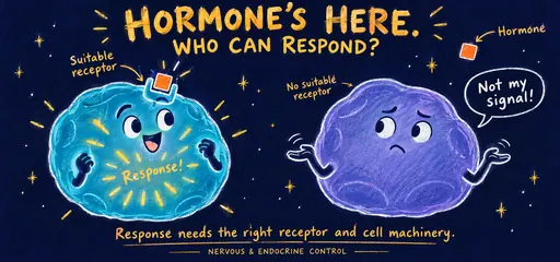 Hand-drawn hormone signaling comic compares a cell with a suitable surface receptor and one without; response requires the right receptor and cellular machinery.