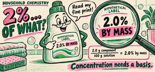 Hand-drawn comic bottle and magnifying glass explaining a hypothetical 2.0 percent by mass label: 2.0 grams of component per 100 grams of solution.