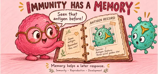 Hand-drawn memory-cell librarian recognizes a microbe’s three-point antigen feature in a scrapbook, illustrating antigen-specific immune memory that helps a later response.