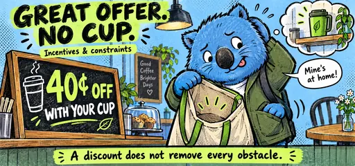 Hand-drawn blue commuter discovers an empty bag beside a café offering 40 cents off with a reusable cup, illustrating how constraints limit responses to incentives.