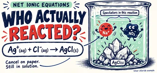 Hand-drawn comic of silver chloride precipitate beneath sodium and nitrate spectator ions that remain dissolved, with the balanced silver chloride net ionic equation.
