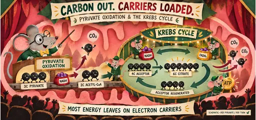 Handmade paper-theater comic showing pyruvate oxidation, acetyl-CoA entering the Krebs cycle, carbon dioxide release, acceptor regeneration and loaded electron carriers.