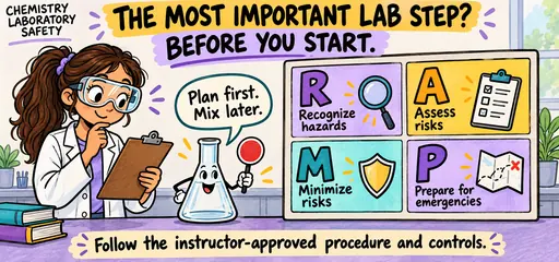 Handwritten comic of a student in splash goggles and a friendly empty flask reviewing RAMP: recognize hazards, assess risks, minimize risks and prepare for emergencies.