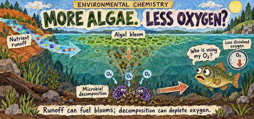 Handwritten paper-collage lake comic tracing nutrient runoff, an algal bloom, microbial decomposition and possible dissolved-oxygen loss, with oxygen-consuming microbes and a puzzled fish.