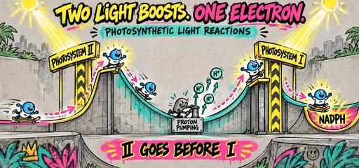 A comic electron follows two light-powered boosts, photosystem II then photosystem I, with proton pumping between them and an NADPH endpoint.