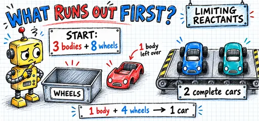 Hand-drawn toy factory analogy for limiting reactants: three car bodies and eight wheels make two four-wheel cars, leaving one unused body and no wheels.