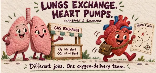 Handmade felt comic pairs lungs exchanging oxygen into blood and carbon dioxide out with a heart courier driving blood flow, showing their distinct roles in oxygen delivery.