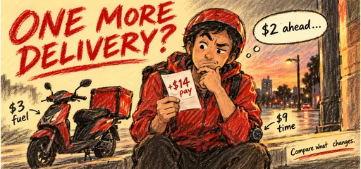 Red crayon comic of a courier comparing 14 dollars in extra pay with 3 dollars of fuel and 9 dollars of time, leaving 2 dollars of net benefit in the article’s marginal-thinking example.