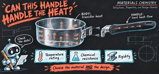 Handwritten technical comic of a robot engineer comparing heat transfer through a saucepan body and insulating handle, with temperature, chemical resistance and rigidity requirements.