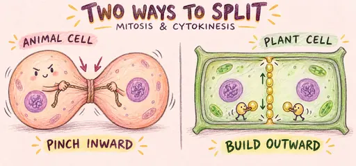 Colored-pencil comic compares an animal cell pinching inward with a plant cell building a cell plate outward from the center during cytokinesis.
