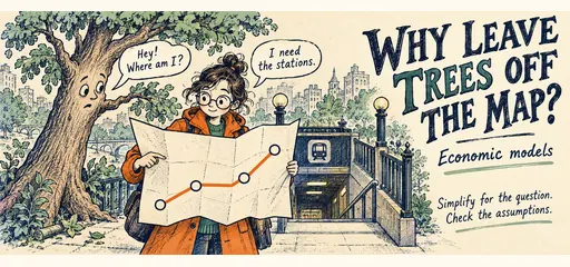 Hand-tinted etching comic of a traveler using a subway map with four station connections while a puzzled nearby tree asks why it is omitted, illustrating purposeful simplification in economic models.