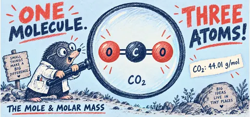 Hand-drawn mole chemist magnifies one carbon dioxide molecule containing one carbon and two oxygen atoms; CO2 has molar mass 44.01 g/mol.