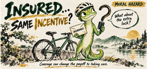 Jade and amber brush-ink comic of a helmeted gecko beside a bicycle, considering an extra lock after receiving insurance, illustrating how coverage can change the private payoff to precautions.