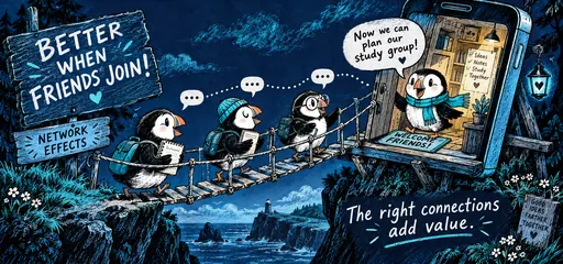 Scratchy blue ink comic of puffin classmates joining a smartphone clubhouse, showing a direct network effect as their participation makes a study-group messaging app more useful.