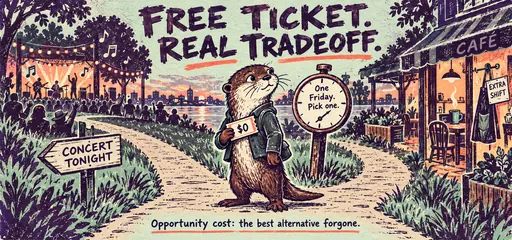 Mint and plum linocut comic of an otter with a free concert ticket choosing between a concert and an extra café shift, illustrating scarce time and opportunity cost.