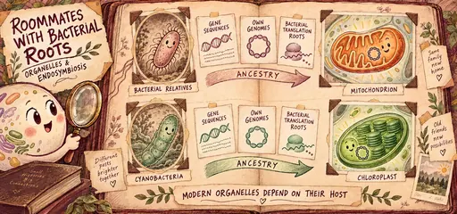 Handwritten family-album comic linking mitochondrial and chloroplast ancestry to bacterial relatives, supported by gene sequences, organelle genomes and translation machinery.