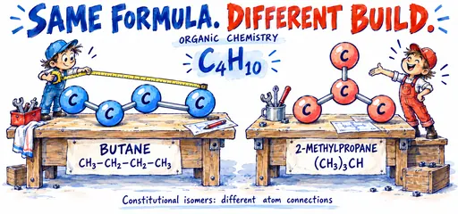 Hand-painted comic workshop comparing the four-carbon chain of butane with branched 2-methylpropane, constitutional isomers with the same C4H10 formula.