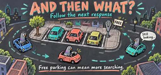 Peach and turquoise sidewalk-chalk comic of pigeons searching by car around three occupied parking spaces after the meter becomes free, illustrating a possible second-round response and search-time cost.