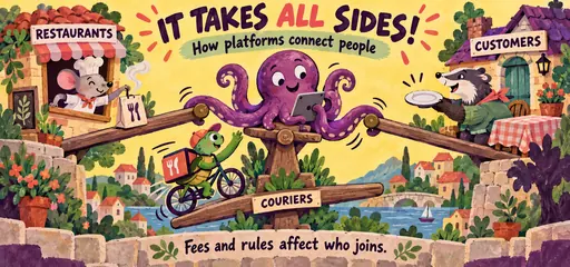 Hand-painted comic of an octopus dispatcher connecting a mouse restaurant, badger customer and turtle courier on linked seesaws, illustrating how platform fees and rules affect participation across groups.