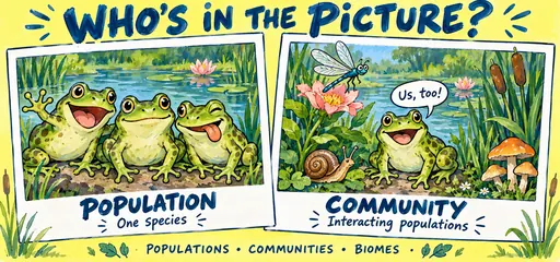 Hand-painted pond snapshots compare same-species frogs as a population with frogs, a snail, a dragonfly, plants and fungi representing an ecological community.