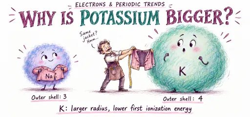 Hand-sketched tailor compares sodium and potassium atom-cloud cartoons: potassium has outer shell four, a larger radius and lower first ionization energy than sodium with outer shell three.