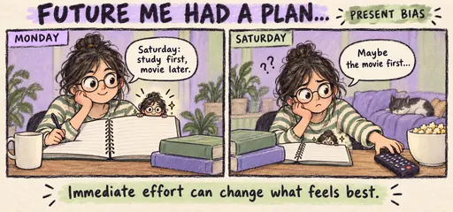 Lavender oil-pastel comic shows the same student planning on Monday to study before a movie, then reaching for the movie remote on Saturday, illustrating a preference reversal when effort becomes immediate.