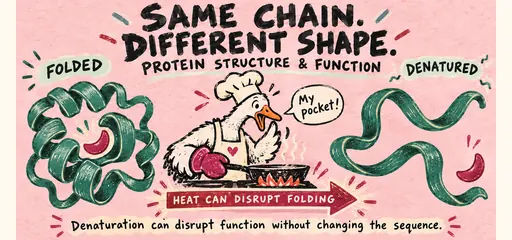 Handwritten linocut comic with a goose chef showing a folded protein losing its binding pocket after heating while its polypeptide chain remains intact.