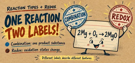 Hand-drawn reaction card with the balanced magnesium-oxygen equation holds combination and redox badges, showing that classifications describe different features.