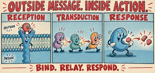 Three hand-inked panels show an outside ligand binding a surface receptor, an intracellular relay, and a changed enzyme activity response.