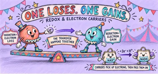 Pastel circus comic showing paired electron loss by oxidation and gain by reduction, with NAD+ accepting two electrons and a proton to form NADH.