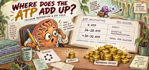 Watercolor mitochondrion accountant comparing 4 direct ATP with approximately 26–28 from oxidative phosphorylation, totaling about 30–32 ATP per glucose depending on conditions.