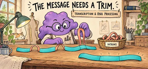 A comic spliceosome tailor removes coral intron loops from an RNA ribbon and joins teal segments, illustrating RNA splicing before a message is used.