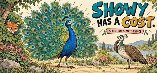 Comic peacock displays his conspicuous train to a peahen while a fox watches, illustrating the trade-off between mating attraction and survival.