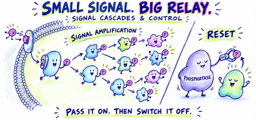 Ballpoint comic shows a receptor triggering a branching phosphorylation relay and a phosphatase removing a phosphate from a target to help reset signaling.