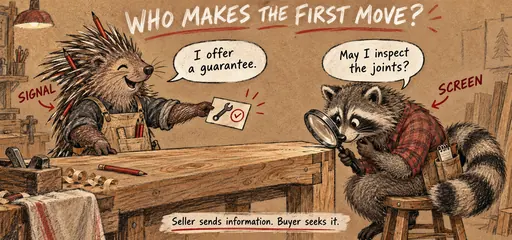 Kraft-paper charcoal comic of a porcupine carpenter offering a repair guarantee as a signal while a raccoon buyer asks to inspect the table joints as a screen, distinguishing who initiates each action.