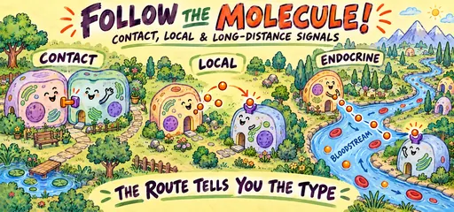 A comic cell neighborhood compares membrane contact, short-range local ligand diffusion, and endocrine hormones traveling through a bloodstream river.