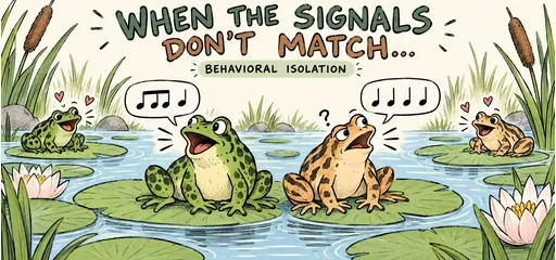 Comic frogs in the same pond use different courtship rhythms, illustrating behavioral reproductive isolation without a geographic barrier.