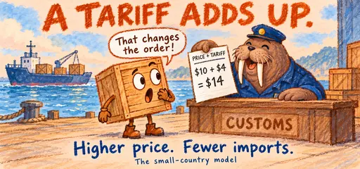 Orange wax-crayon and cobalt watercolor comic of an import crate and walrus customs clerk reading a 10-dollar price plus 4-dollar tariff receipt, illustrating the small-country tariff model.
