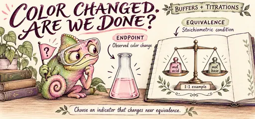 Hand-drawn chameleon comic distinguishes an observed indicator color-change endpoint from titration equivalence, with equal acid and base moles in a 1:1 example.