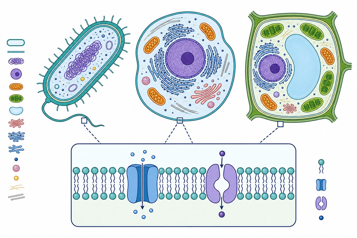 Three cell types with a membrane detail. Compare what each
has: the prokaryote shown has ribosomes and a plasma membrane but no
nucleus or standard eukaryotic endomembrane system; the animal cell adds
a nucleus, endomembrane system, and mitochondria; the plant cell adds a
cell wall, chloroplasts, and a large central vacuole. The inset shows
the bil